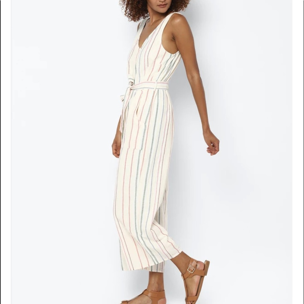 Cotton Linen Striped Sleeveless V Neck Wide Leg Jumpsuit